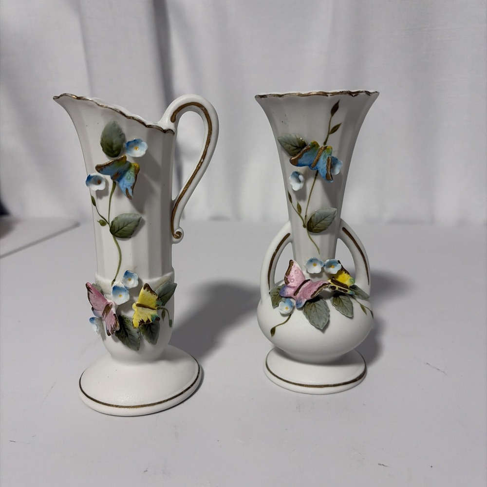 Vintage Porcelain Raised Floral And Butterfly Bud Vases Set 2 Hand Painted Japan